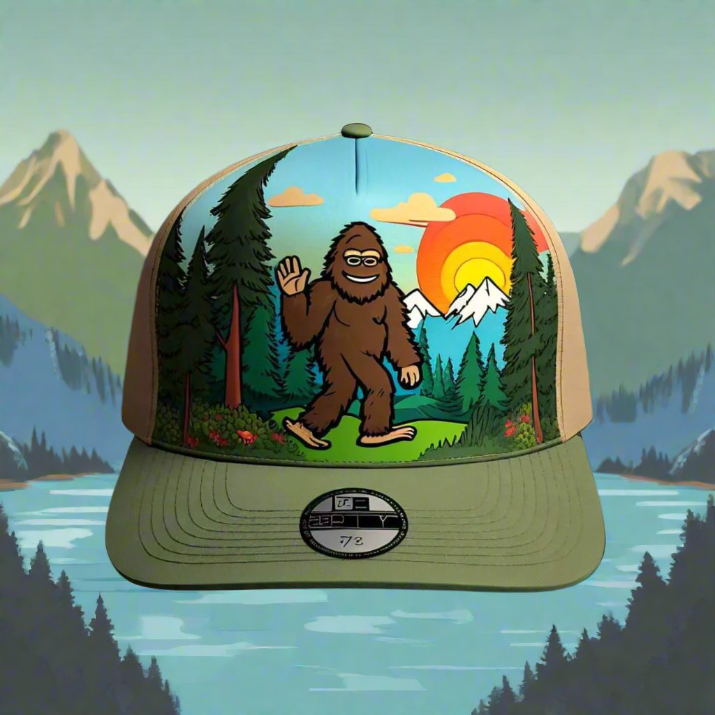 Hats-Nature & Animals.6: Big-Foot Waving-Smiling-Forest - Global Warming Warrior Wear, "S.P.C." A Social Purpose Corporation