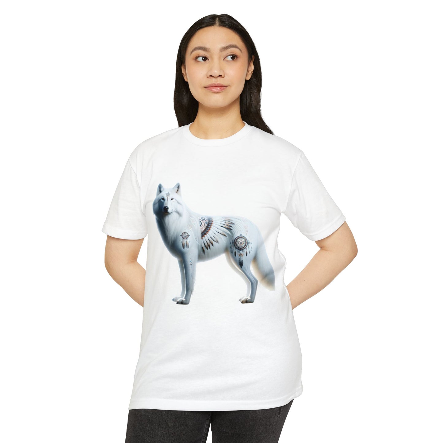 White Wolf-3. Native American Inspired / Unisex Graphic Tee Shirt - Global Warming Warrior Wear, "S.P.C." A Social Purpose Corporation