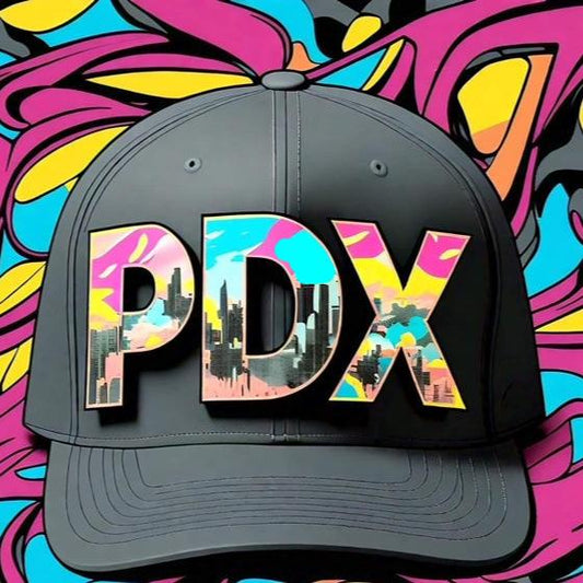 HATS-Streetwear-Cityscape.2: PDX-Cityscape on Letters - Global Warming Warrior Wear, "S.P.C." A Social Purpose Corporation   ZEBRA UNDERGROUND