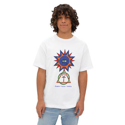 2-B. Egyptian Sun - Peace - Love - Unity / Unisex - Graphic Tee Shirt - Global Warming Warrior Wear, "S.P.C." A Social Purpose Corporation  