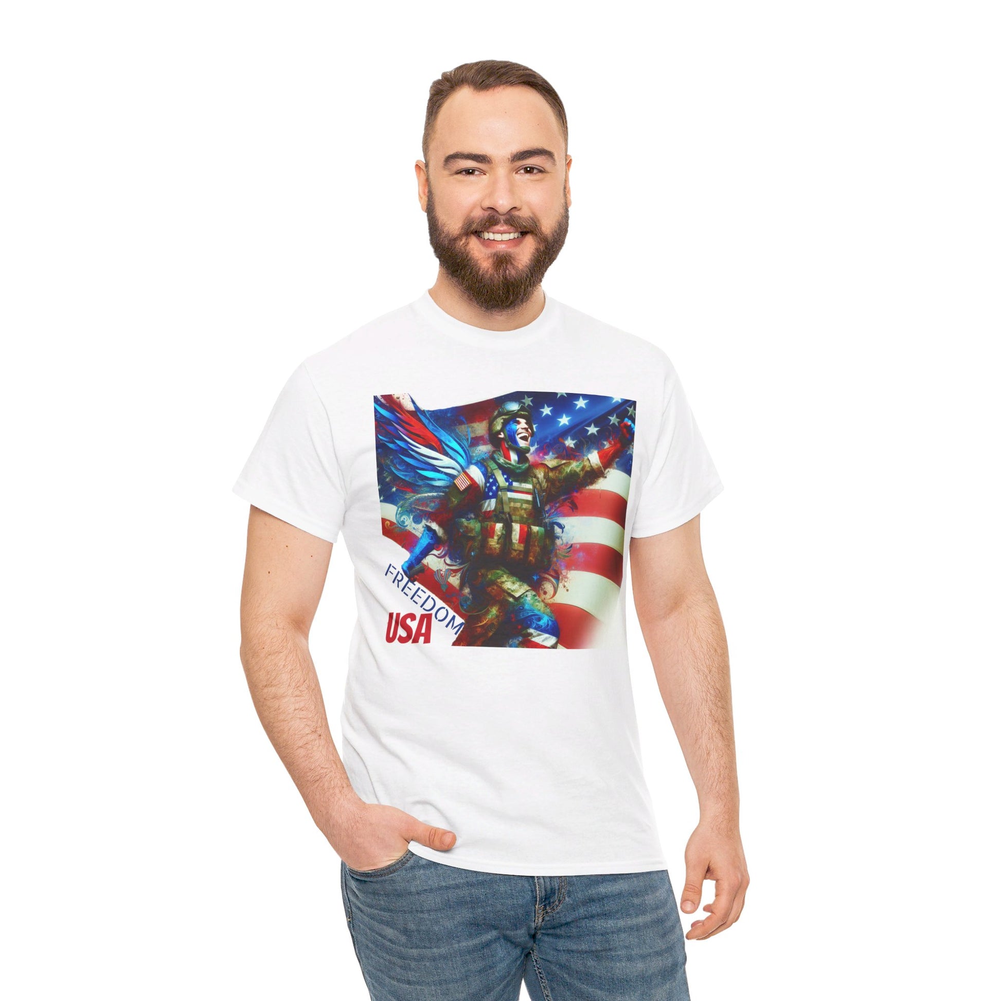 X - Freedom USA Flag with Warrior-1. / Unisex Graphic Tee Shirt - Global Warming Warrior Wear, "S.P.C." A Social Purpose Corporation  