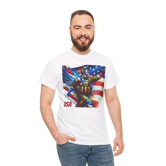 X - Freedom USA Flag with Warrior-1. / Unisex Graphic Tee Shirt - Global Warming Warrior Wear, "S.P.C." A Social Purpose Corporation   ZEBRA UNDERGROUND