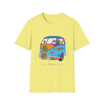 5-E. Love Mother Earth - Hippy Van / Unisex - Graphic Tee Shirt - Global Warming Warrior Wear, "S.P.C." A Social Purpose Corporation  