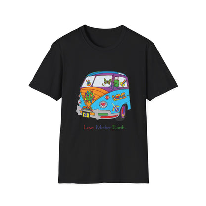 5-E. Love Mother Earth - Hippy Van / Unisex - Graphic Tee Shirt - Global Warming Warrior Wear, "S.P.C." A Social Purpose Corporation  