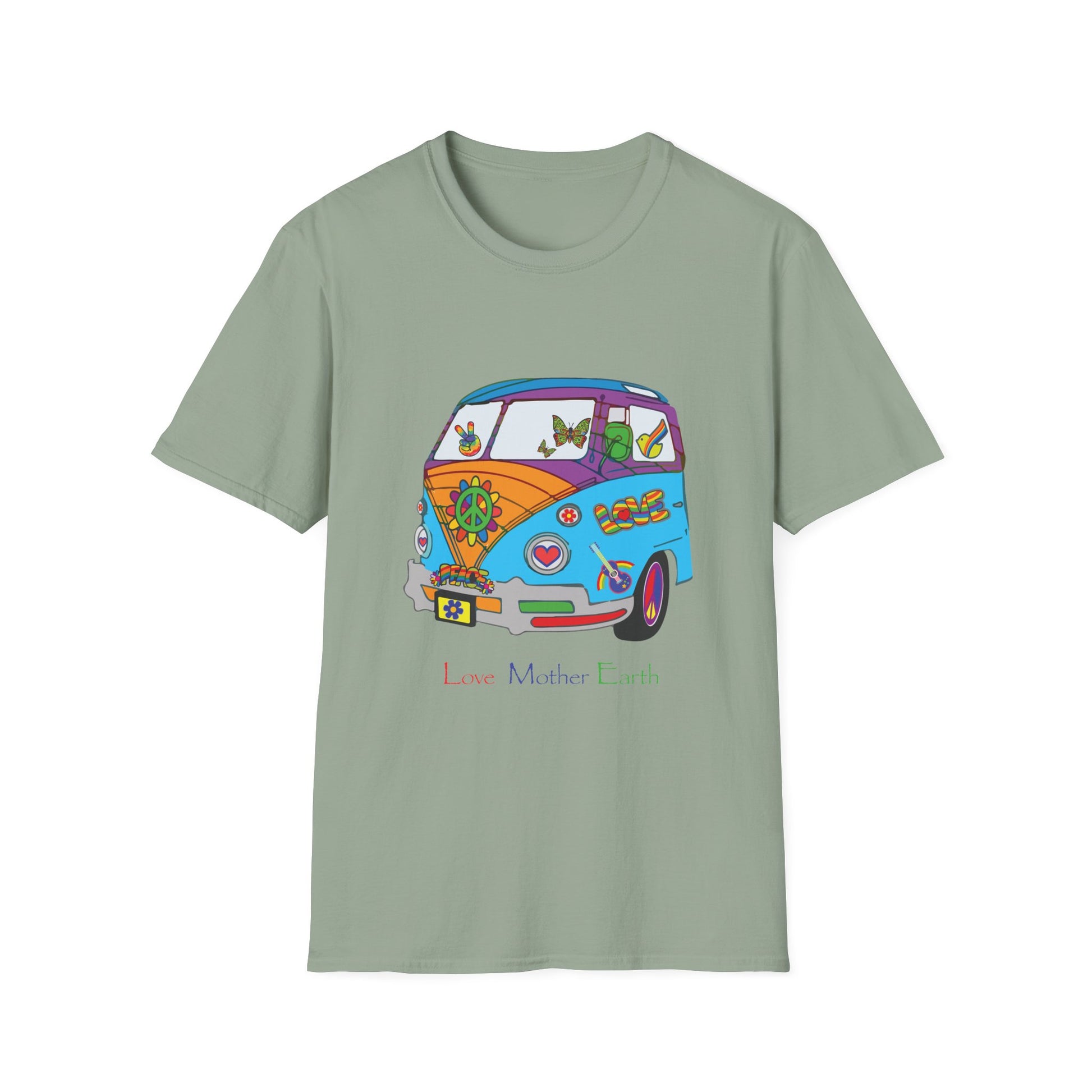 5-E. Love Mother Earth - Hippy Van / Unisex - Graphic Tee Shirt - Global Warming Warrior Wear, "S.P.C." A Social Purpose Corporation  