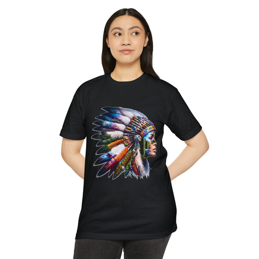 Native American Inspired Female-2. / Unisex Graphic Tee Shirt - Global Warming Warrior Wear, "S.P.C." A Social Purpose Corporation   ZEBRA UNDERGROUND