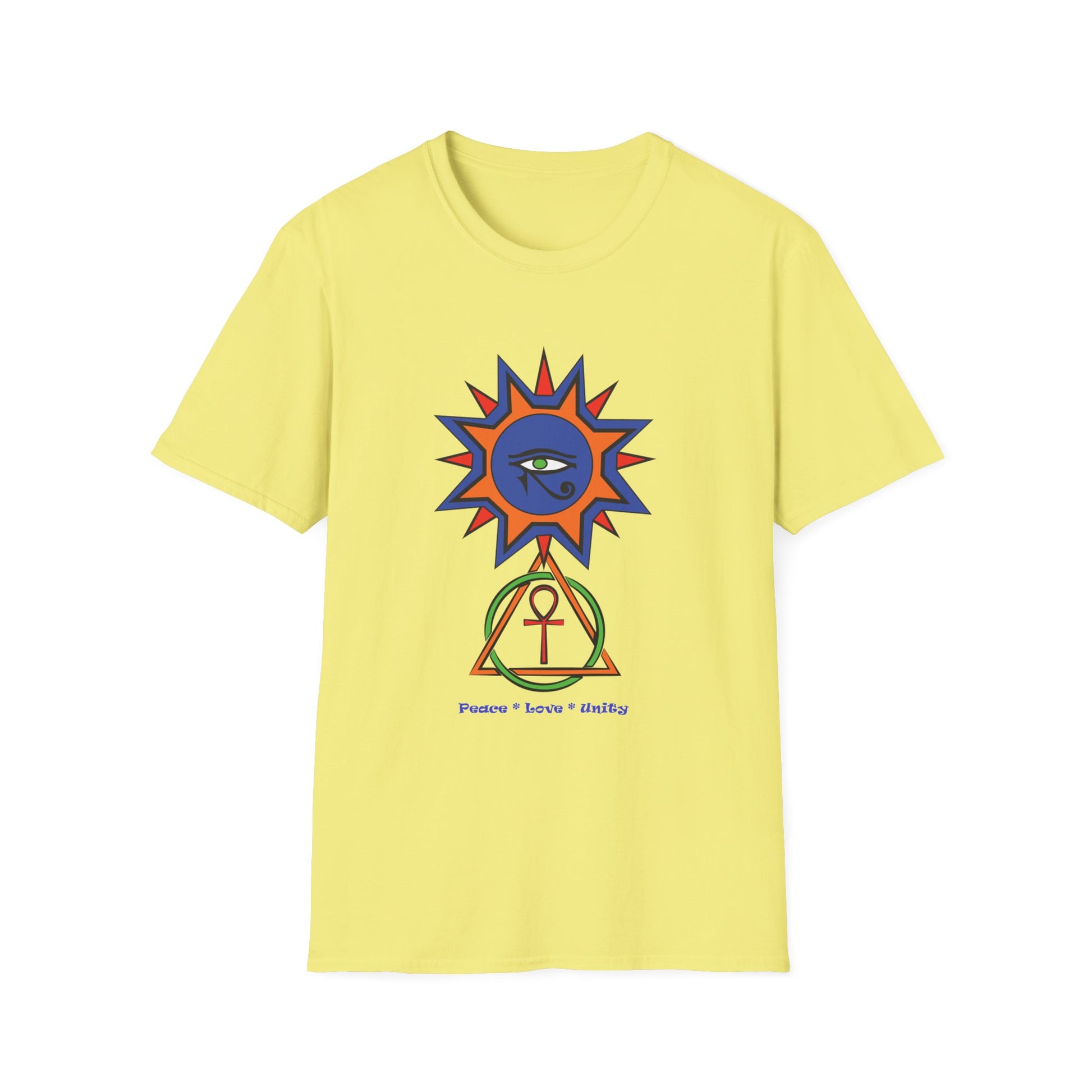 2-B. Egyptian Sun - Peace - Love - Unity / Unisex - Graphic Tee Shirt - Global Warming Warrior Wear, "S.P.C." A Social Purpose Corporation  