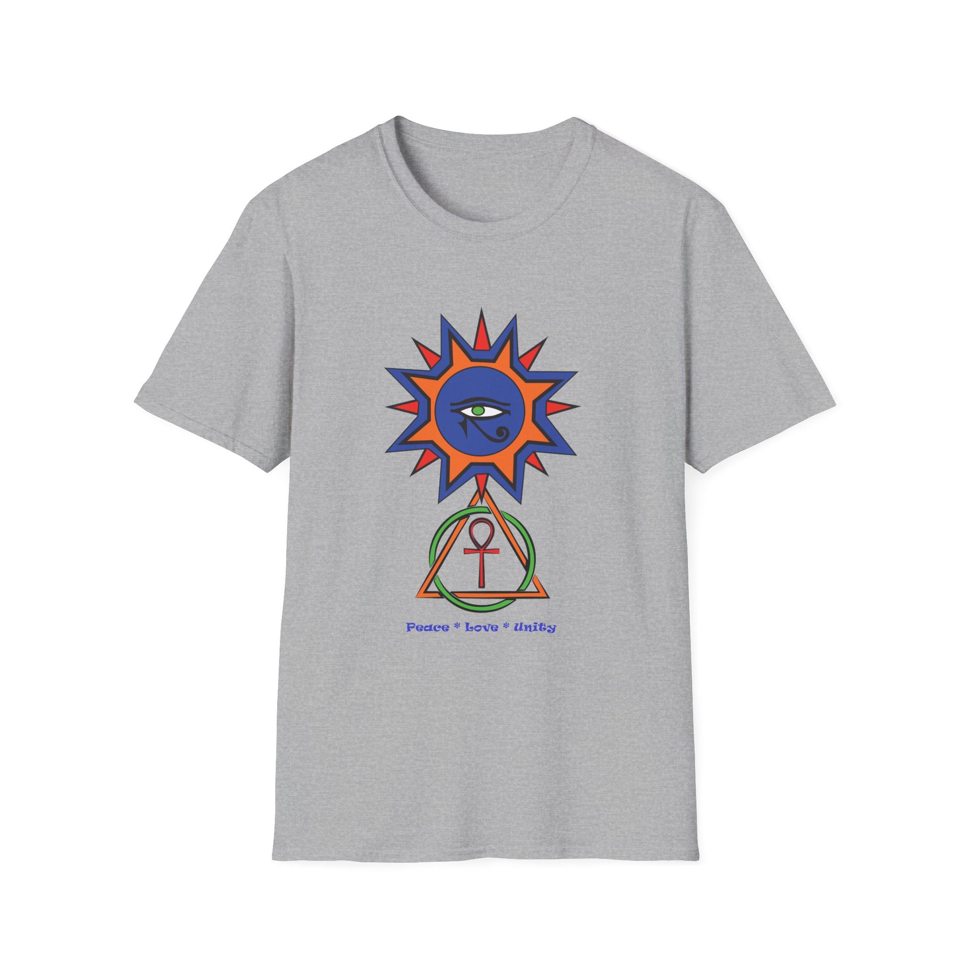 2-B. Egyptian Sun - Peace - Love - Unity / Unisex - Graphic Tee Shirt - Global Warming Warrior Wear, "S.P.C." A Social Purpose Corporation  