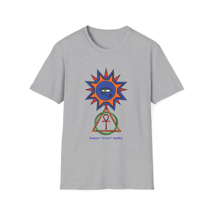 2-B. Egyptian Sun - Peace - Love - Unity / Unisex - Graphic Tee Shirt - Global Warming Warrior Wear, "S.P.C." A Social Purpose Corporation  