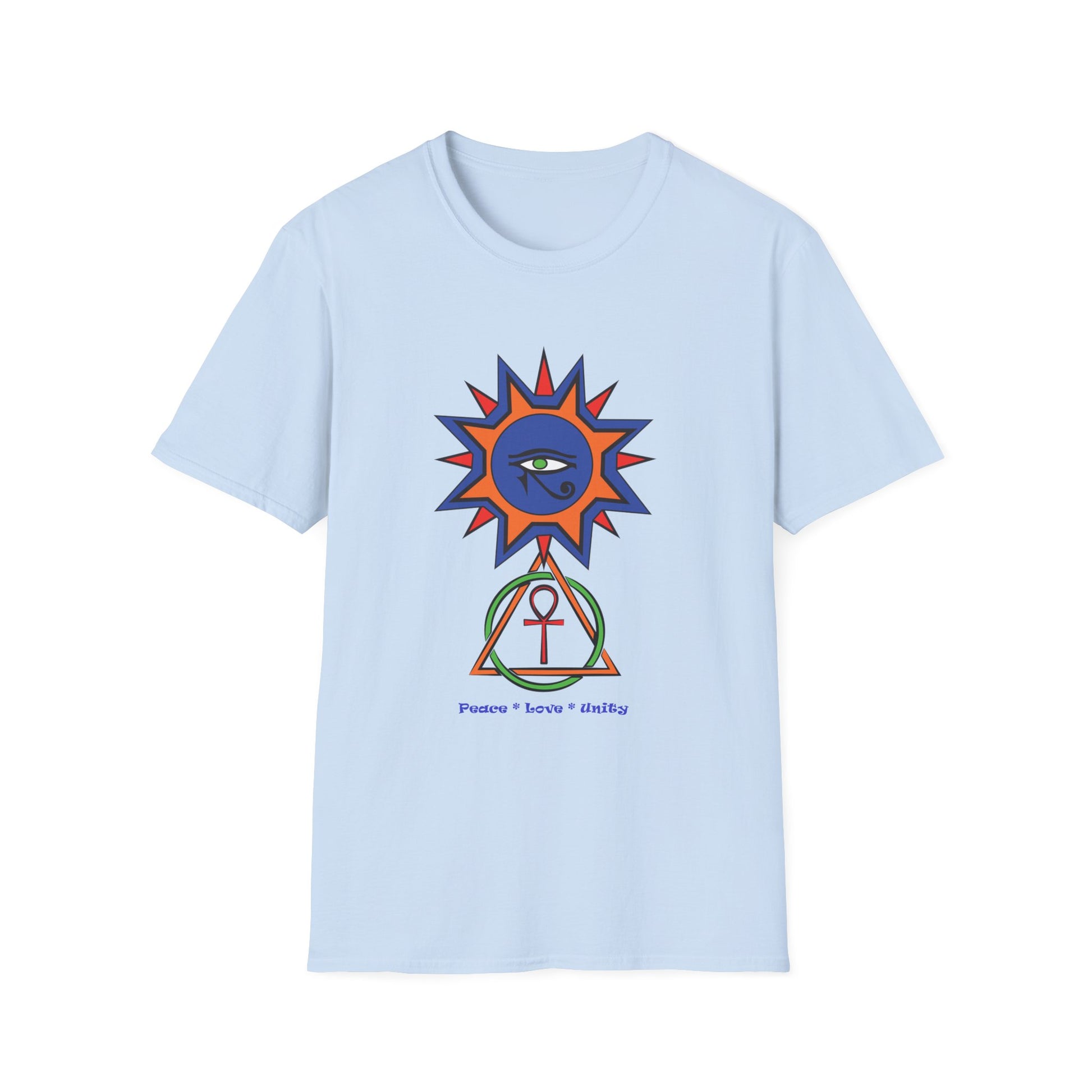 2-B. Egyptian Sun - Peace - Love - Unity / Unisex - Graphic Tee Shirt - Global Warming Warrior Wear, "S.P.C." A Social Purpose Corporation  