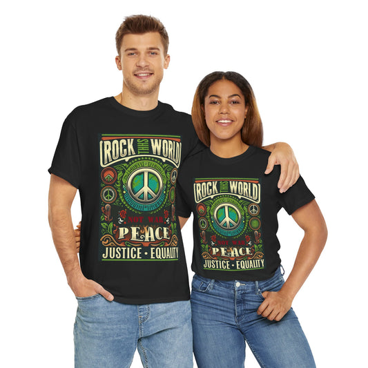 WR-B. Rock this World for Peace - Justice - Equality / Unisex - Graphic Tee Shirt - Global Warming Warrior Wear, "S.P.C." A Social Purpose Corporation   ZEBRA UNDERGROUND