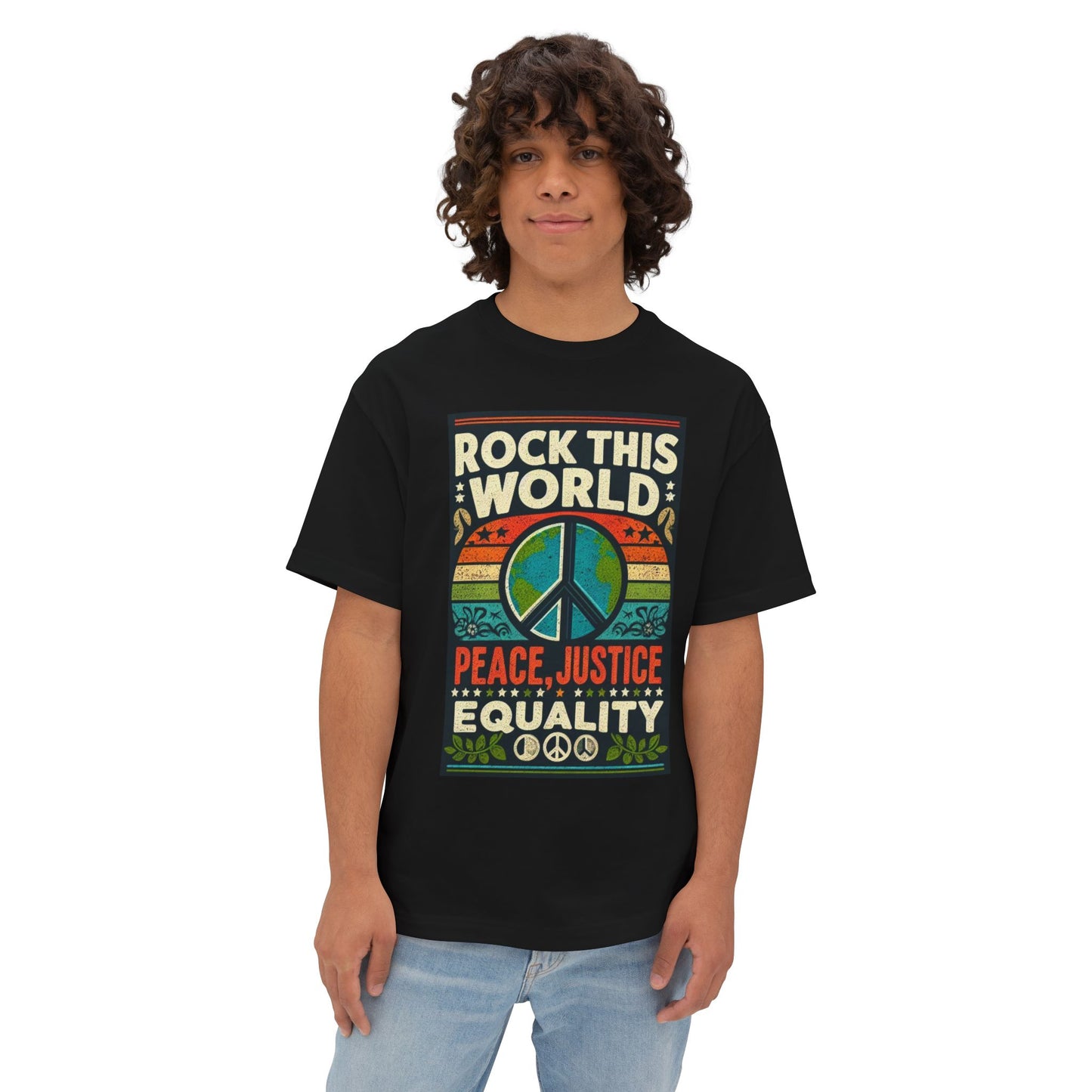 WR-A. Rock this World for Peace - Justice - Equality / Unisex - Graphic Tee Shirt - Global Warming Warrior Wear, "S.P.C." A Social Purpose Corporation  