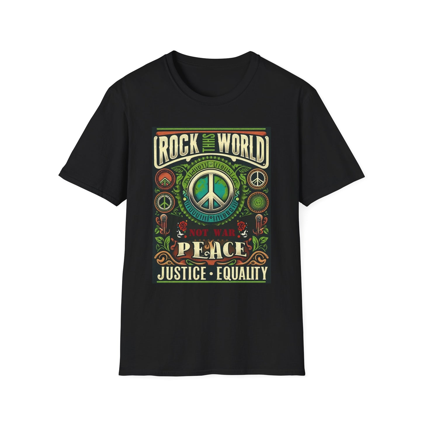 WR-B. Rock this World for Peace - Justice - Equality / Unisex - Graphic Tee Shirt - Global Warming Warrior Wear, "S.P.C." A Social Purpose Corporation  