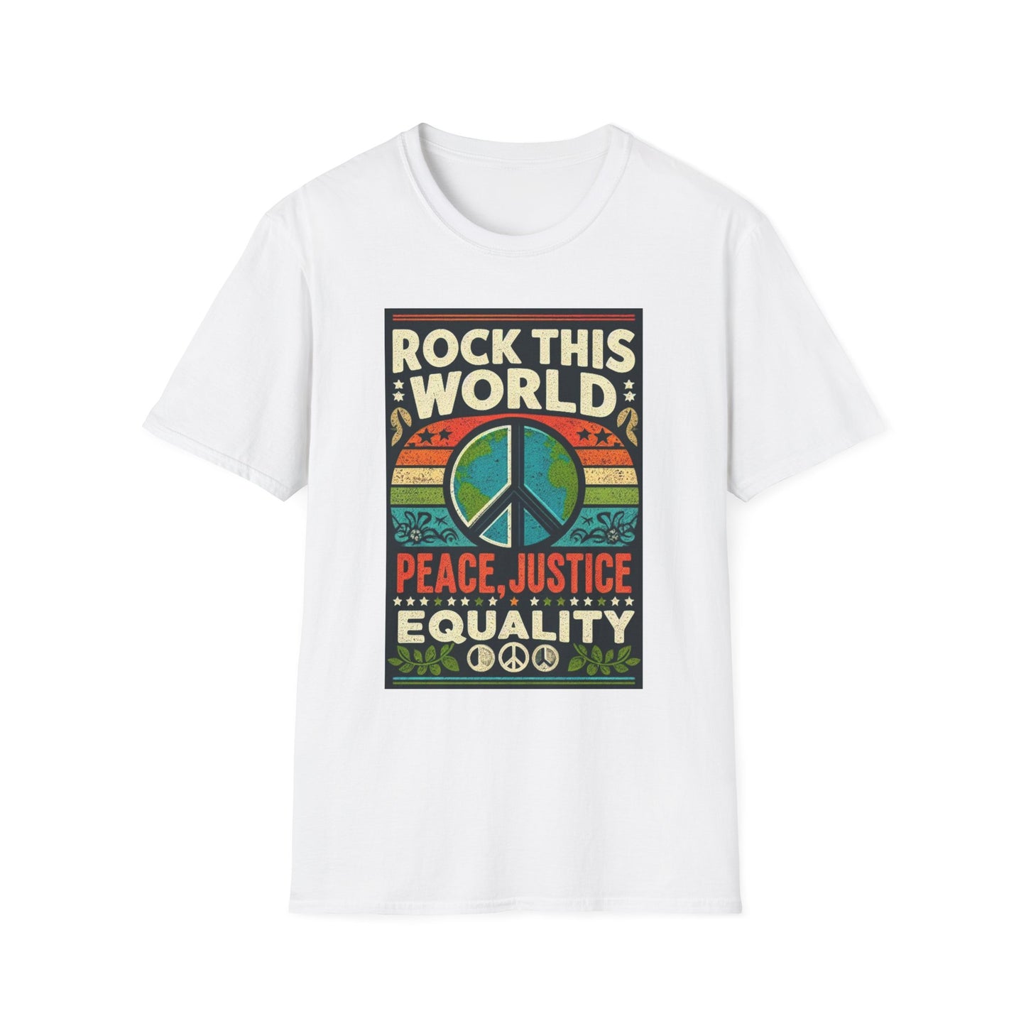 WR-A. Rock this World for Peace - Justice - Equality / Unisex - Graphic Tee Shirt - Global Warming Warrior Wear, "S.P.C." A Social Purpose Corporation  