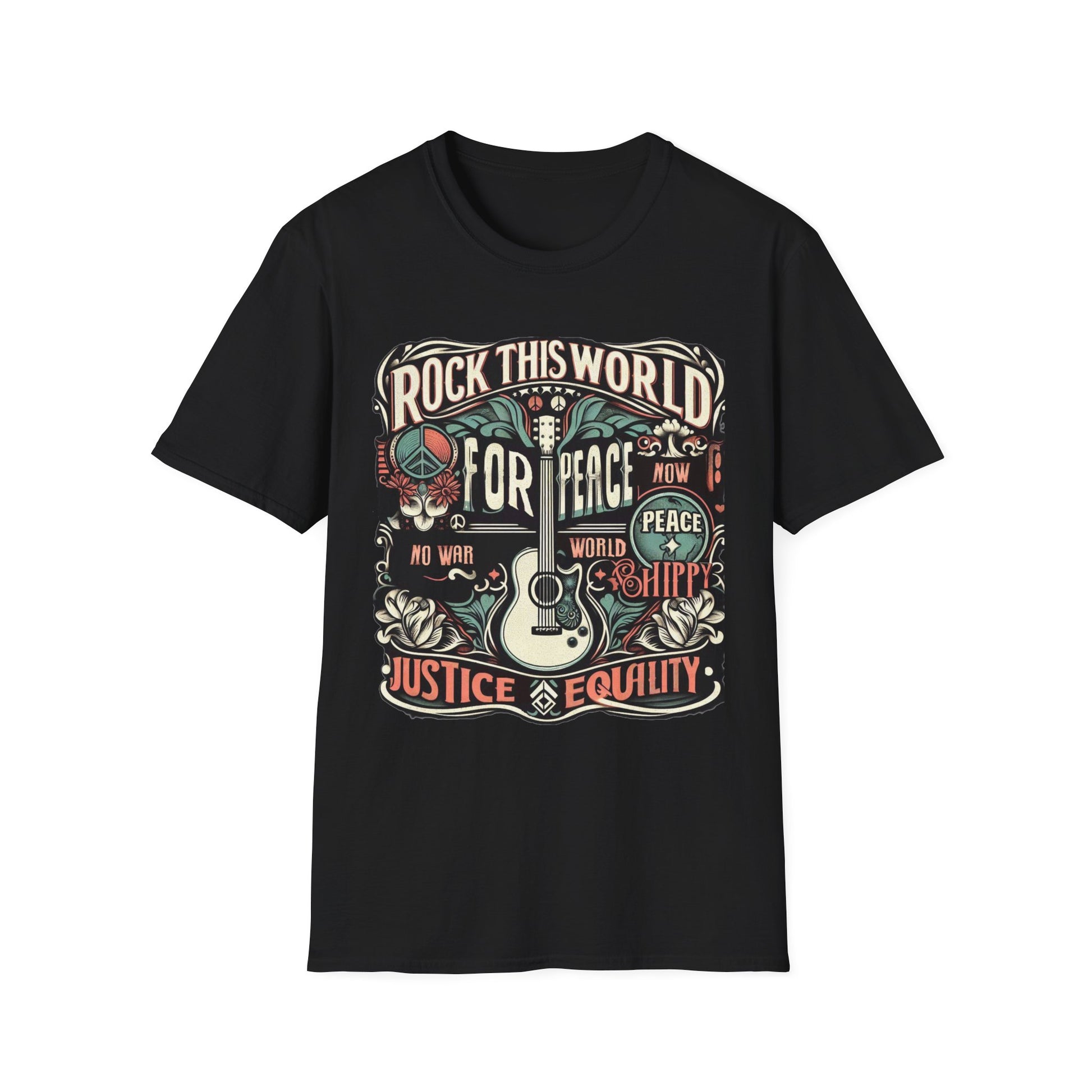 WR-C. Rock this World for - Peace - Justice - Equality / Unisex Graphic Tee Shirt - Global Warming Warrior Wear, "S.P.C." A Social Purpose Corporation  