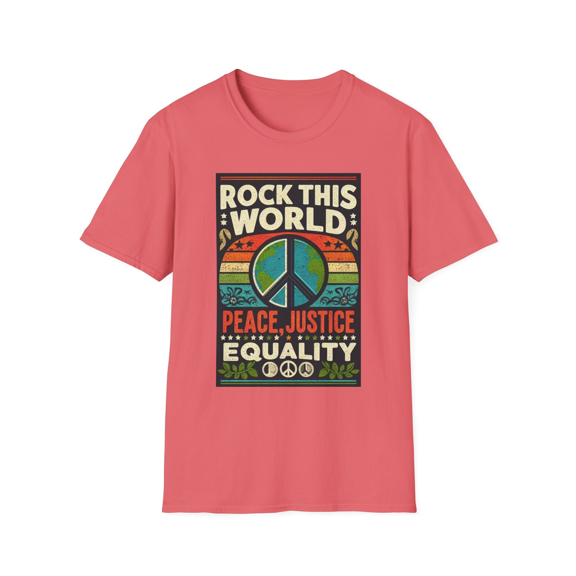 WR-A. Rock this World for Peace - Justice - Equality / Unisex - Graphic Tee Shirt - Global Warming Warrior Wear, "S.P.C." A Social Purpose Corporation  