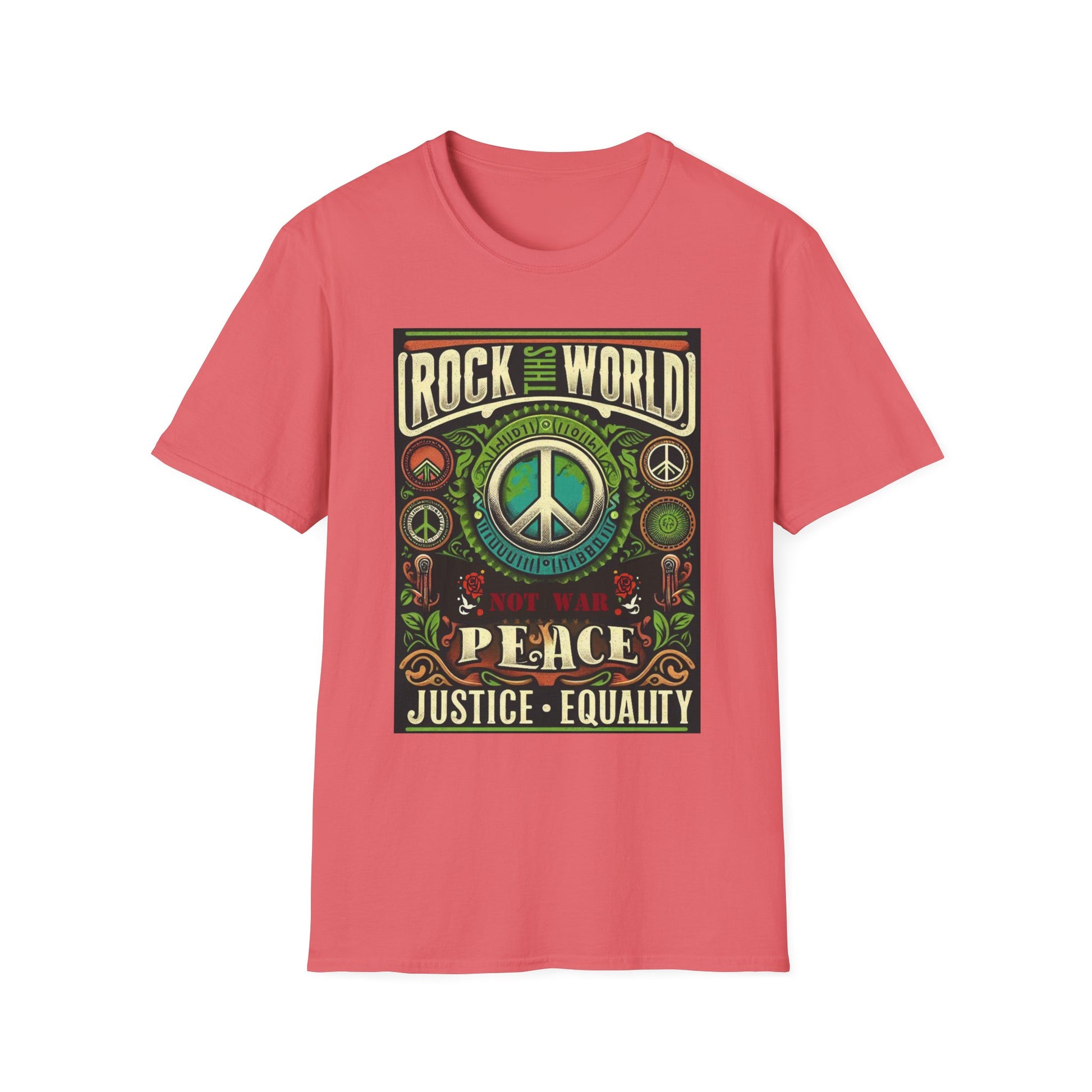 WR-B. Rock this World for Peace - Justice - Equality / Unisex - Graphic Tee Shirt - Global Warming Warrior Wear, "S.P.C." A Social Purpose Corporation  