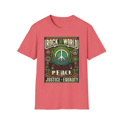 WR-B. Rock this World for Peace - Justice - Equality / Unisex - Graphic Tee Shirt - Global Warming Warrior Wear, "S.P.C." A Social Purpose Corporation  