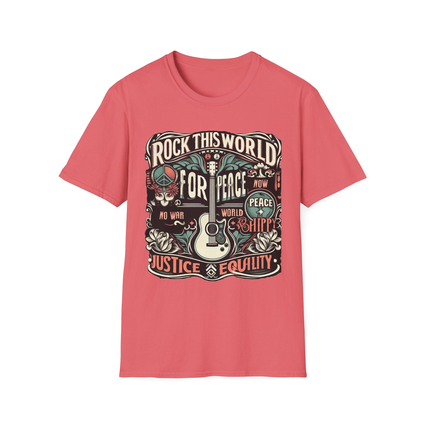 WR-C. Rock this World for - Peace - Justice - Equality / Unisex Graphic Tee Shirt - Global Warming Warrior Wear, "S.P.C." A Social Purpose Corporation  