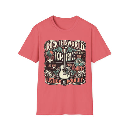 WR-C. Rock this World for - Peace - Justice - Equality / Unisex Graphic Tee Shirt - Global Warming Warrior Wear, "S.P.C." A Social Purpose Corporation  