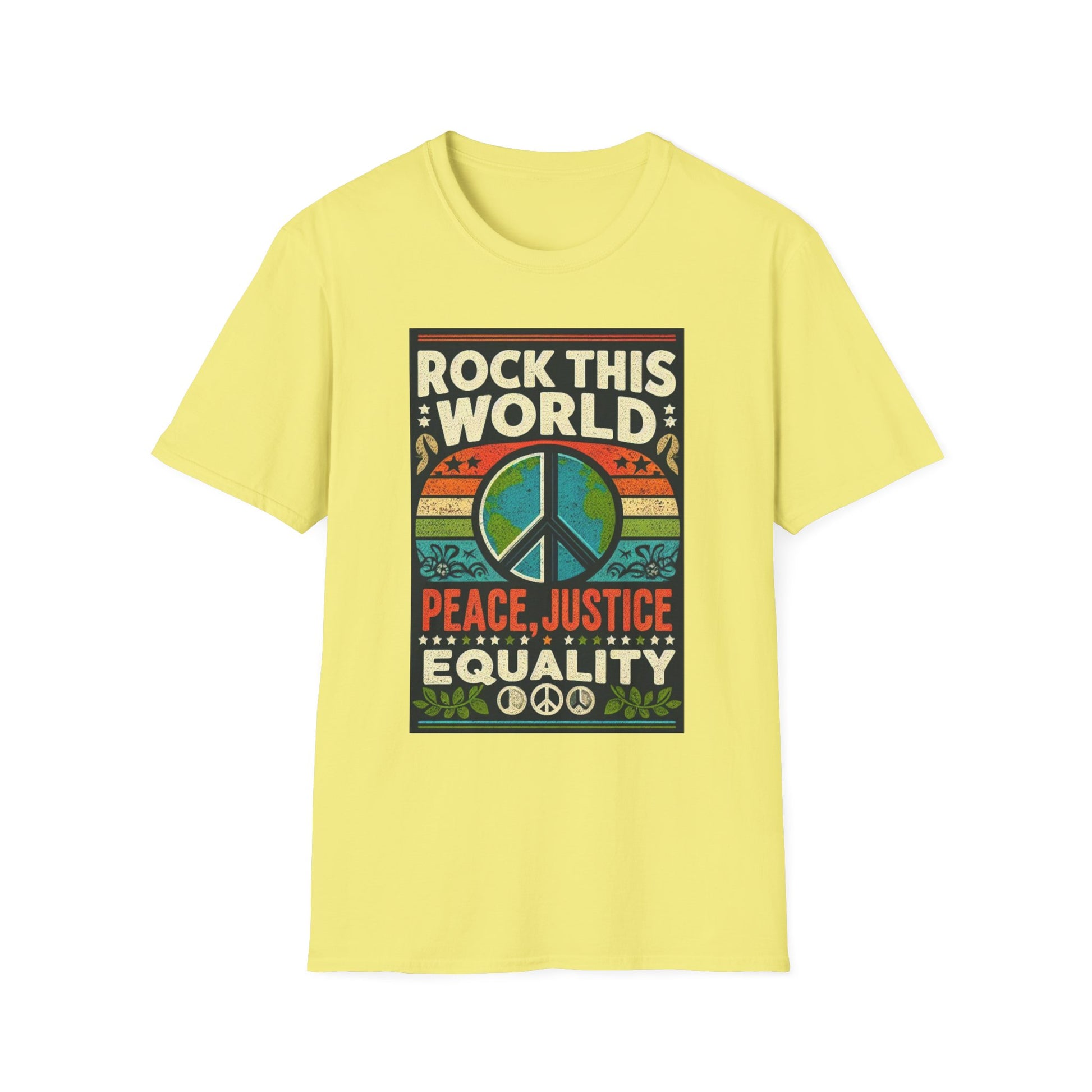 WR-A. Rock this World for Peace - Justice - Equality / Unisex - Graphic Tee Shirt - Global Warming Warrior Wear, "S.P.C." A Social Purpose Corporation  