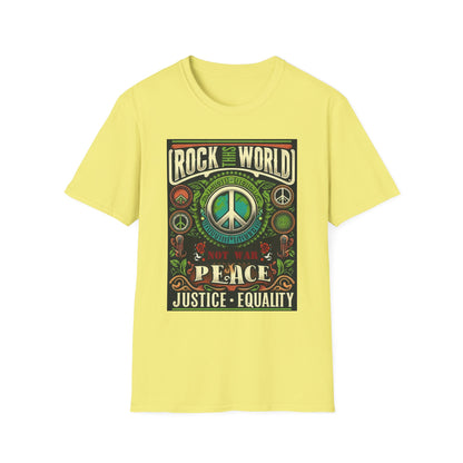 WR-B. Rock this World for Peace - Justice - Equality / Unisex - Graphic Tee Shirt - Global Warming Warrior Wear, "S.P.C." A Social Purpose Corporation  