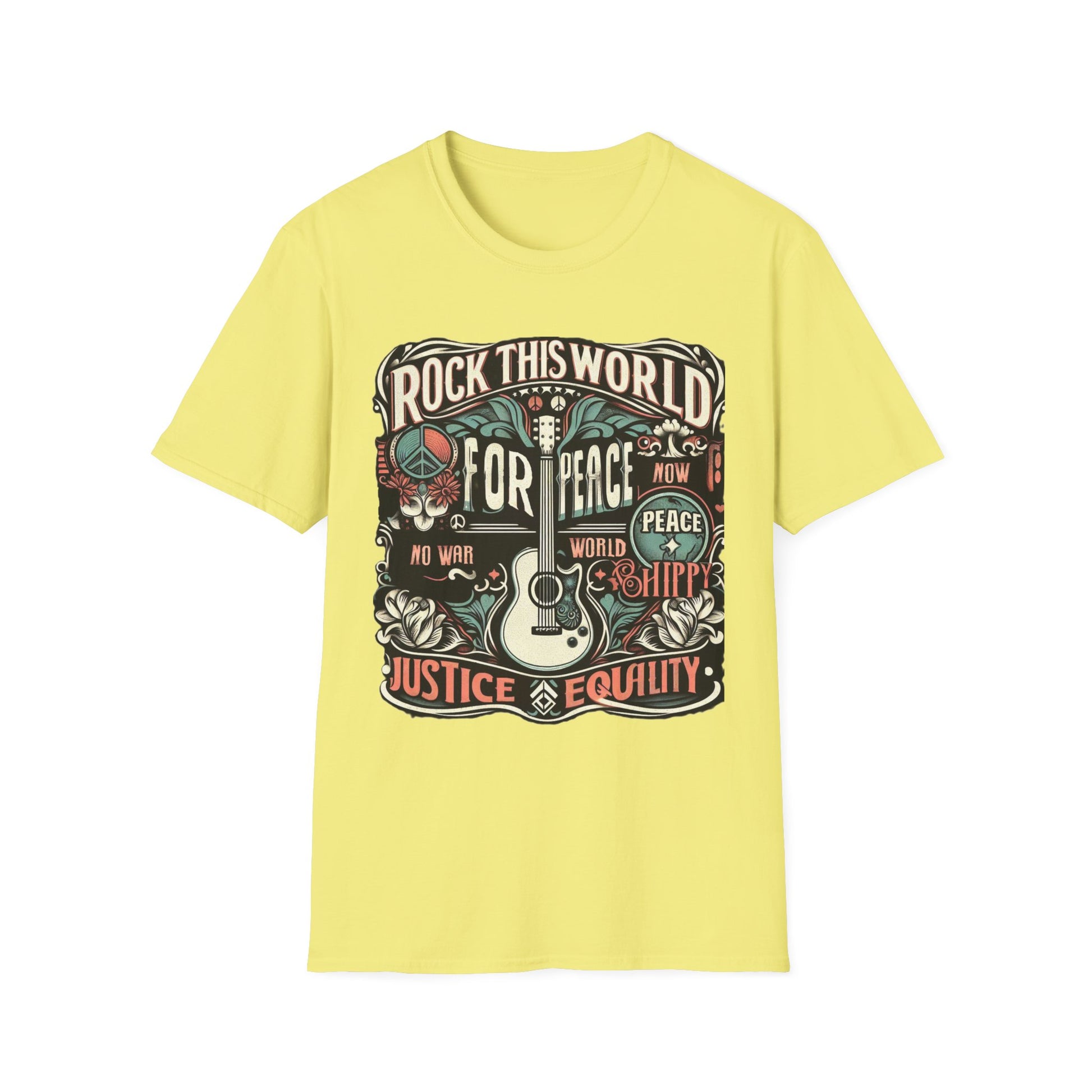 WR-C. Rock this World for - Peace - Justice - Equality / Unisex Graphic Tee Shirt - Global Warming Warrior Wear, "S.P.C." A Social Purpose Corporation  