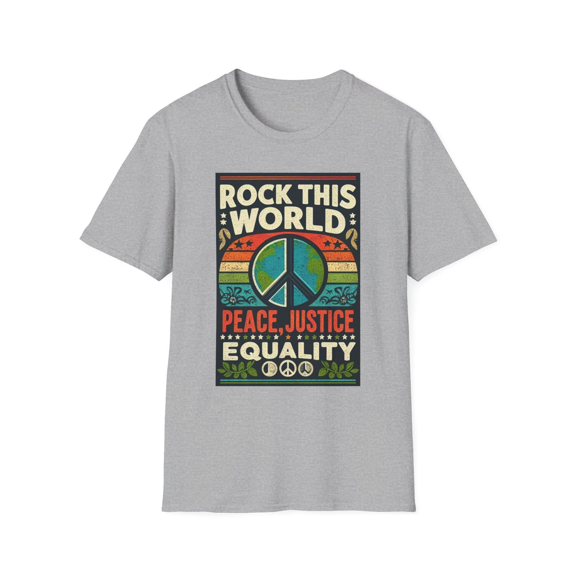 WR-A. Rock this World for Peace - Justice - Equality / Unisex - Graphic Tee Shirt - Global Warming Warrior Wear, "S.P.C." A Social Purpose Corporation  