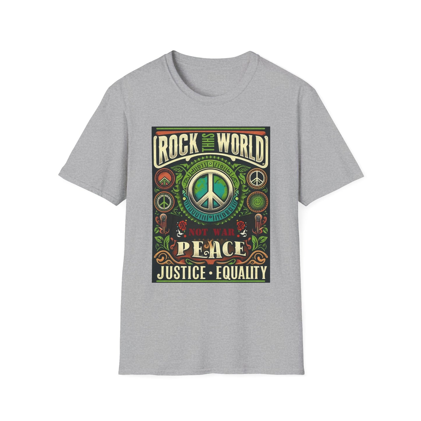 WR-B. Rock this World for Peace - Justice - Equality / Unisex - Graphic Tee Shirt - Global Warming Warrior Wear, "S.P.C." A Social Purpose Corporation  