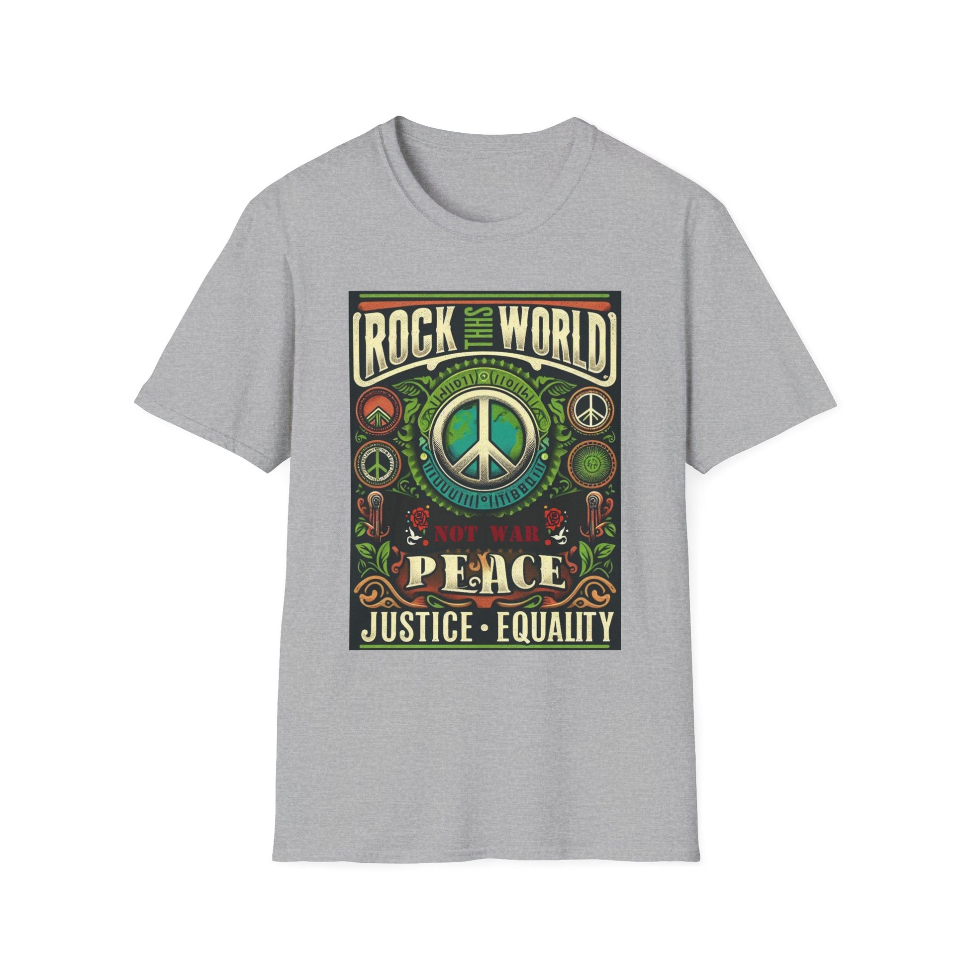 WR-B. Rock this World for Peace - Justice - Equality / Unisex - Graphic Tee Shirt - Global Warming Warrior Wear, "S.P.C." A Social Purpose Corporation  