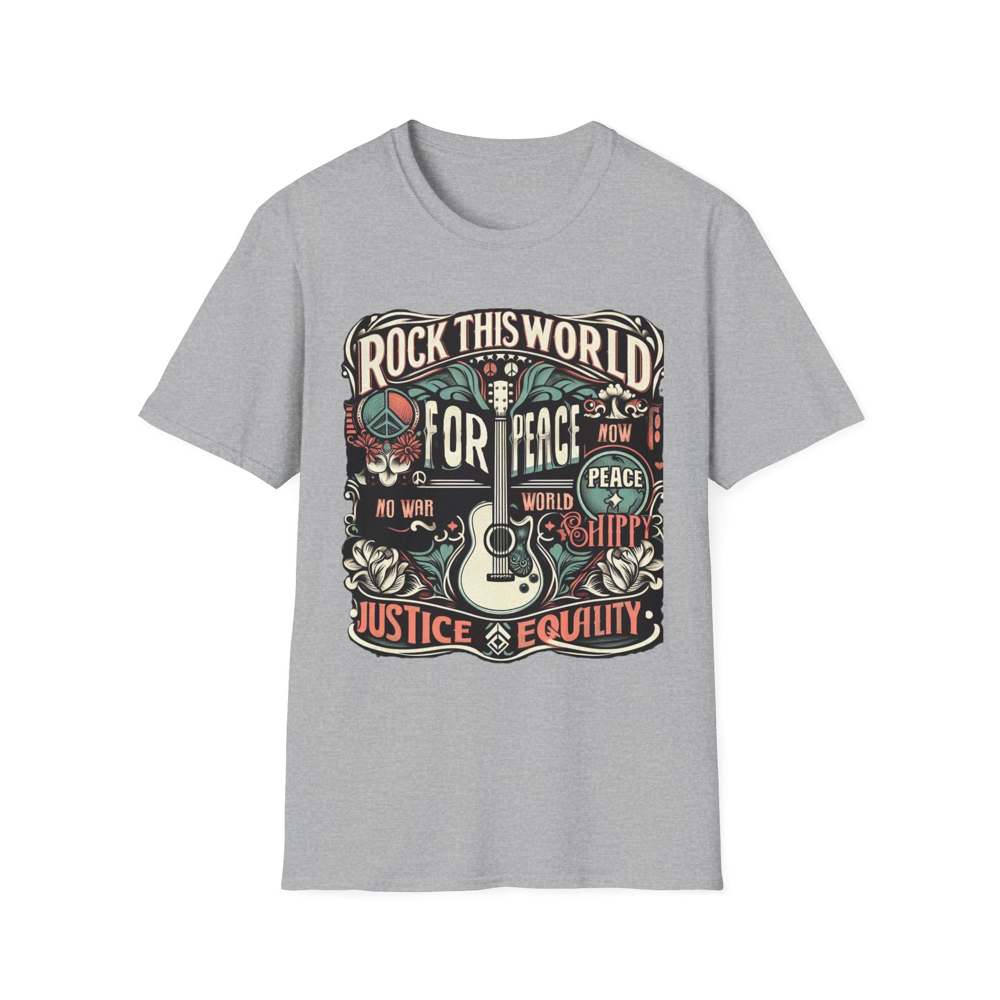 WR-C. Rock this World for - Peace - Justice - Equality / Unisex Graphic Tee Shirt - Global Warming Warrior Wear, "S.P.C." A Social Purpose Corporation  