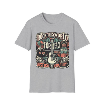 WR-C. Rock this World for - Peace - Justice - Equality / Unisex Graphic Tee Shirt - Global Warming Warrior Wear, "S.P.C." A Social Purpose Corporation  