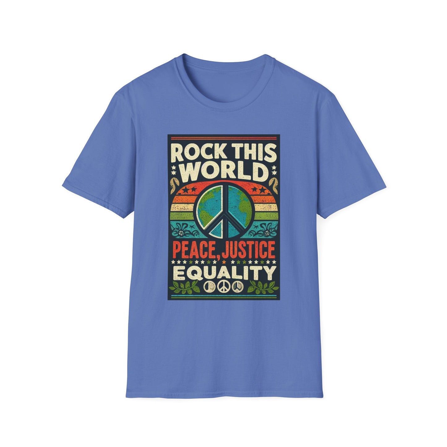 WR-A. Rock this World for Peace - Justice - Equality / Unisex - Graphic Tee Shirt - Global Warming Warrior Wear, "S.P.C." A Social Purpose Corporation  