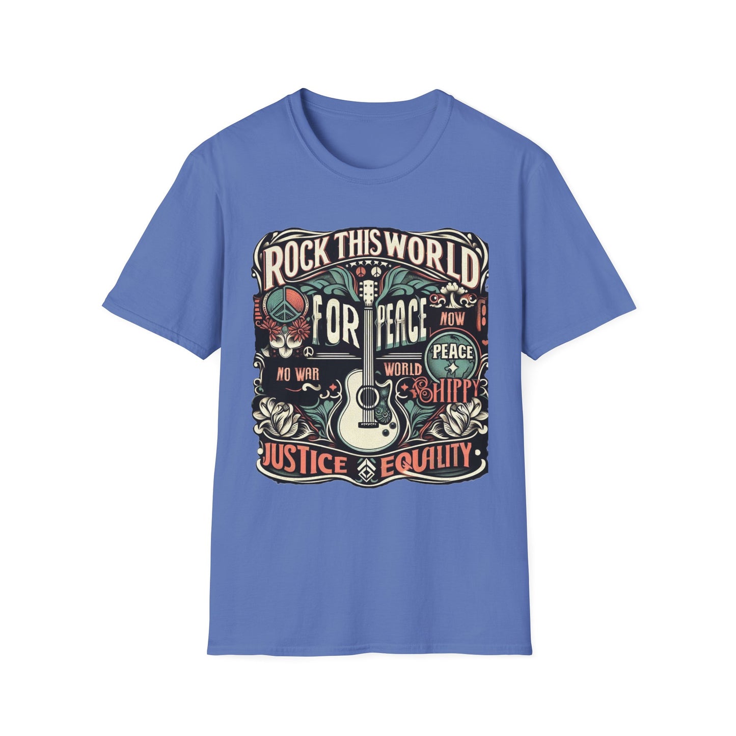 WR-C. Rock this World for - Peace - Justice - Equality / Unisex Graphic Tee Shirt - Global Warming Warrior Wear, "S.P.C." A Social Purpose Corporation  