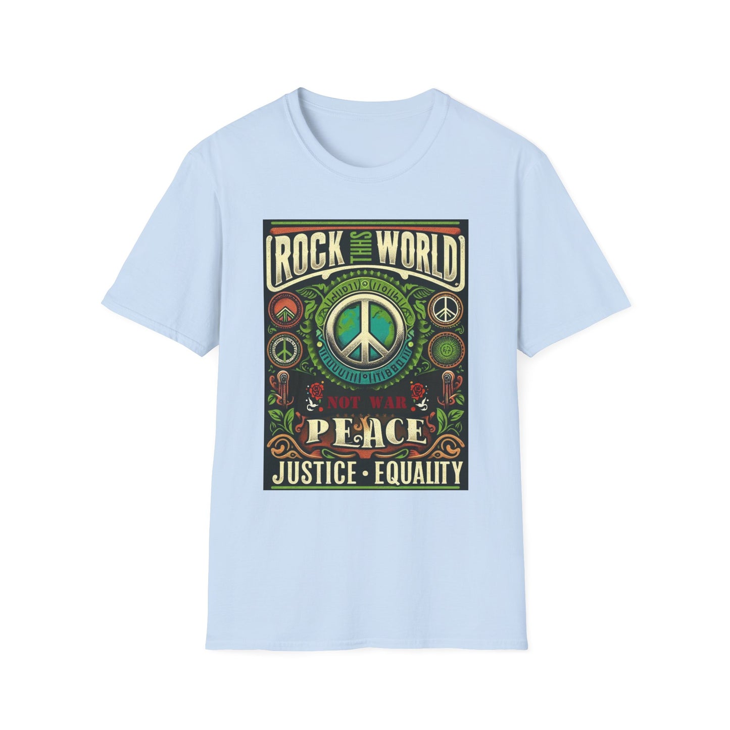 WR-B. Rock this World for Peace - Justice - Equality / Unisex - Graphic Tee Shirt - Global Warming Warrior Wear, "S.P.C." A Social Purpose Corporation  