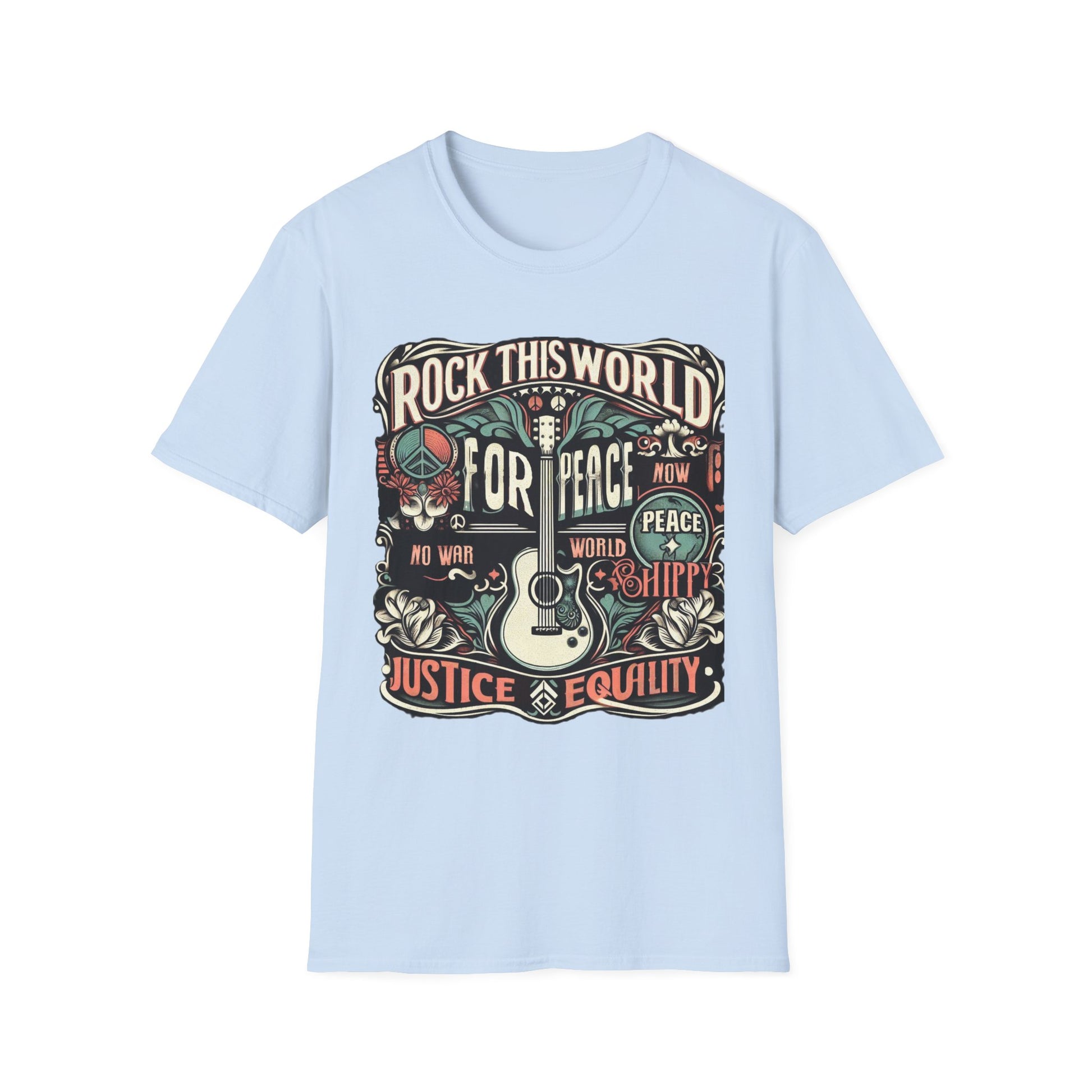 WR-C. Rock this World for - Peace - Justice - Equality / Unisex Graphic Tee Shirt - Global Warming Warrior Wear, "S.P.C." A Social Purpose Corporation  