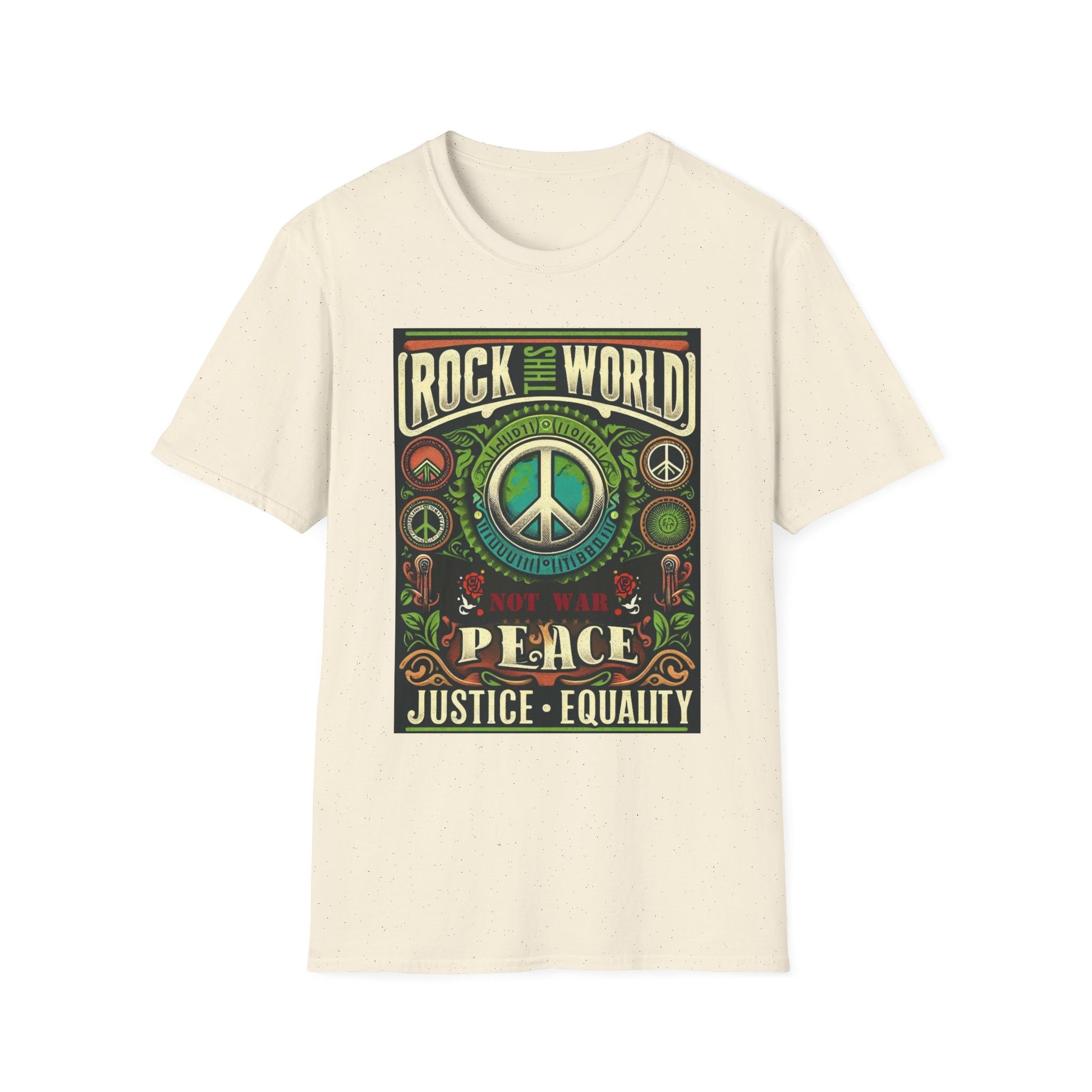 WR-B. Rock this World for Peace - Justice - Equality / Unisex - Graphic Tee Shirt - Global Warming Warrior Wear, "S.P.C." A Social Purpose Corporation  