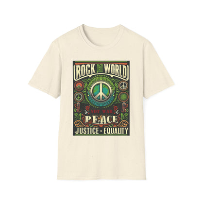 WR-B. Rock this World for Peace - Justice - Equality / Unisex - Graphic Tee Shirt - Global Warming Warrior Wear, "S.P.C." A Social Purpose Corporation  