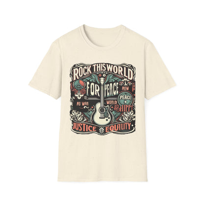 WR-C. Rock this World for - Peace - Justice - Equality / Unisex Graphic Tee Shirt - Global Warming Warrior Wear, "S.P.C." A Social Purpose Corporation  