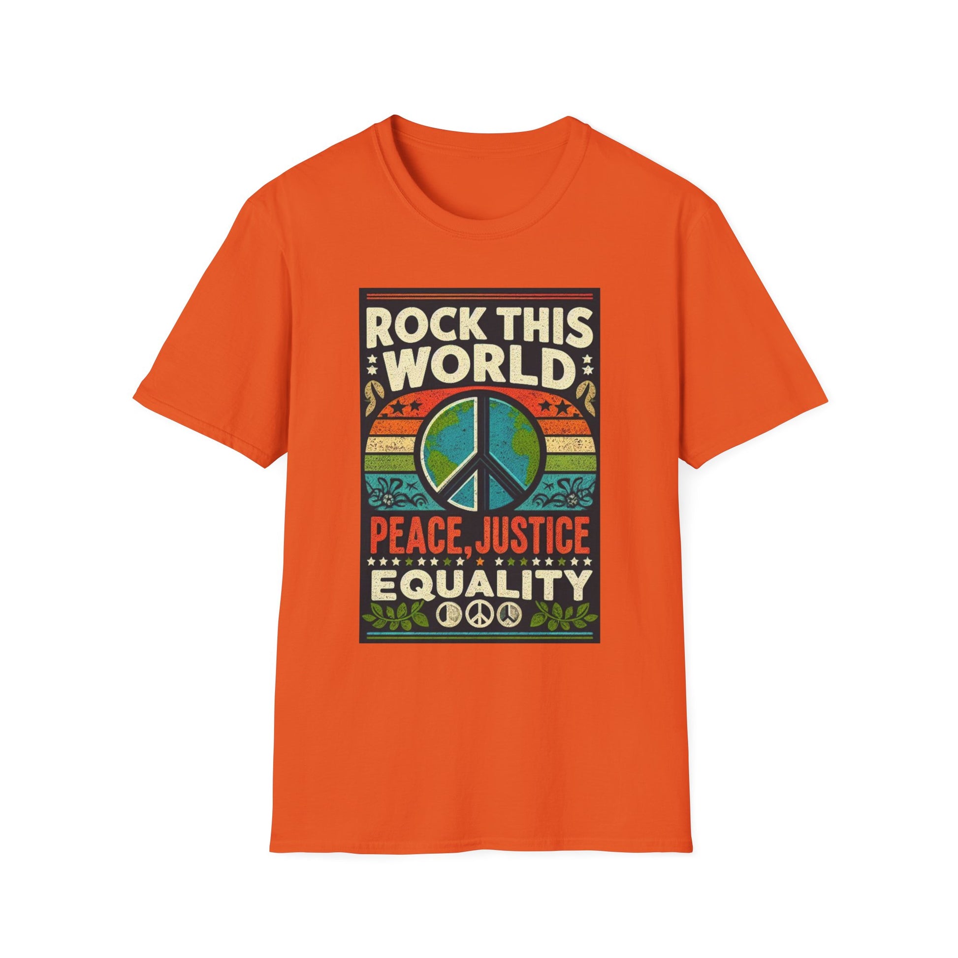 WR-A. Rock this World for Peace - Justice - Equality / Unisex - Graphic Tee Shirt - Global Warming Warrior Wear, "S.P.C." A Social Purpose Corporation  