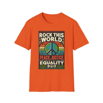 WR-A. Rock this World for Peace - Justice - Equality / Unisex - Graphic Tee Shirt - Global Warming Warrior Wear, "S.P.C." A Social Purpose Corporation  