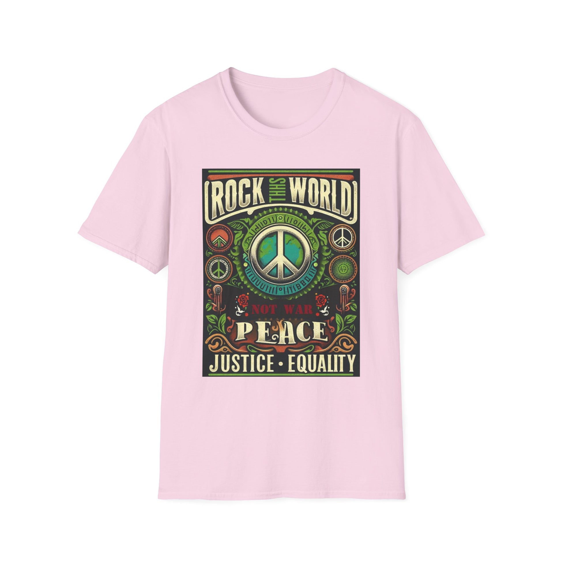 WR-B. Rock this World for Peace - Justice - Equality / Unisex - Graphic Tee Shirt - Global Warming Warrior Wear, "S.P.C." A Social Purpose Corporation  