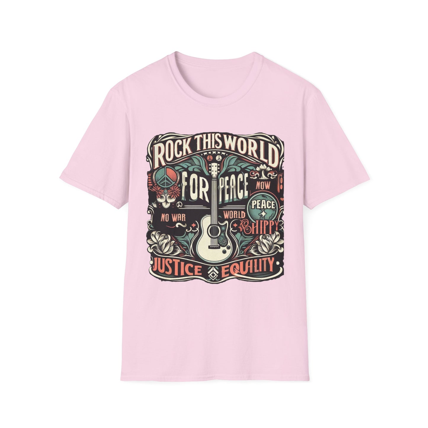 WR-C. Rock this World for - Peace - Justice - Equality / Unisex Graphic Tee Shirt - Global Warming Warrior Wear, "S.P.C." A Social Purpose Corporation  