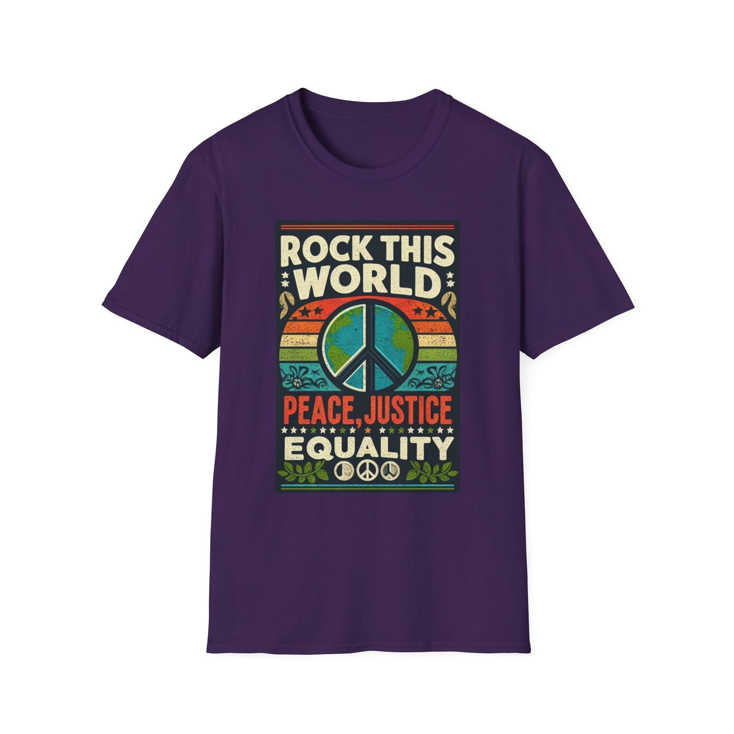 WR-A. Rock this World for Peace - Justice - Equality / Unisex - Graphic Tee Shirt - Global Warming Warrior Wear, "S.P.C." A Social Purpose Corporation  