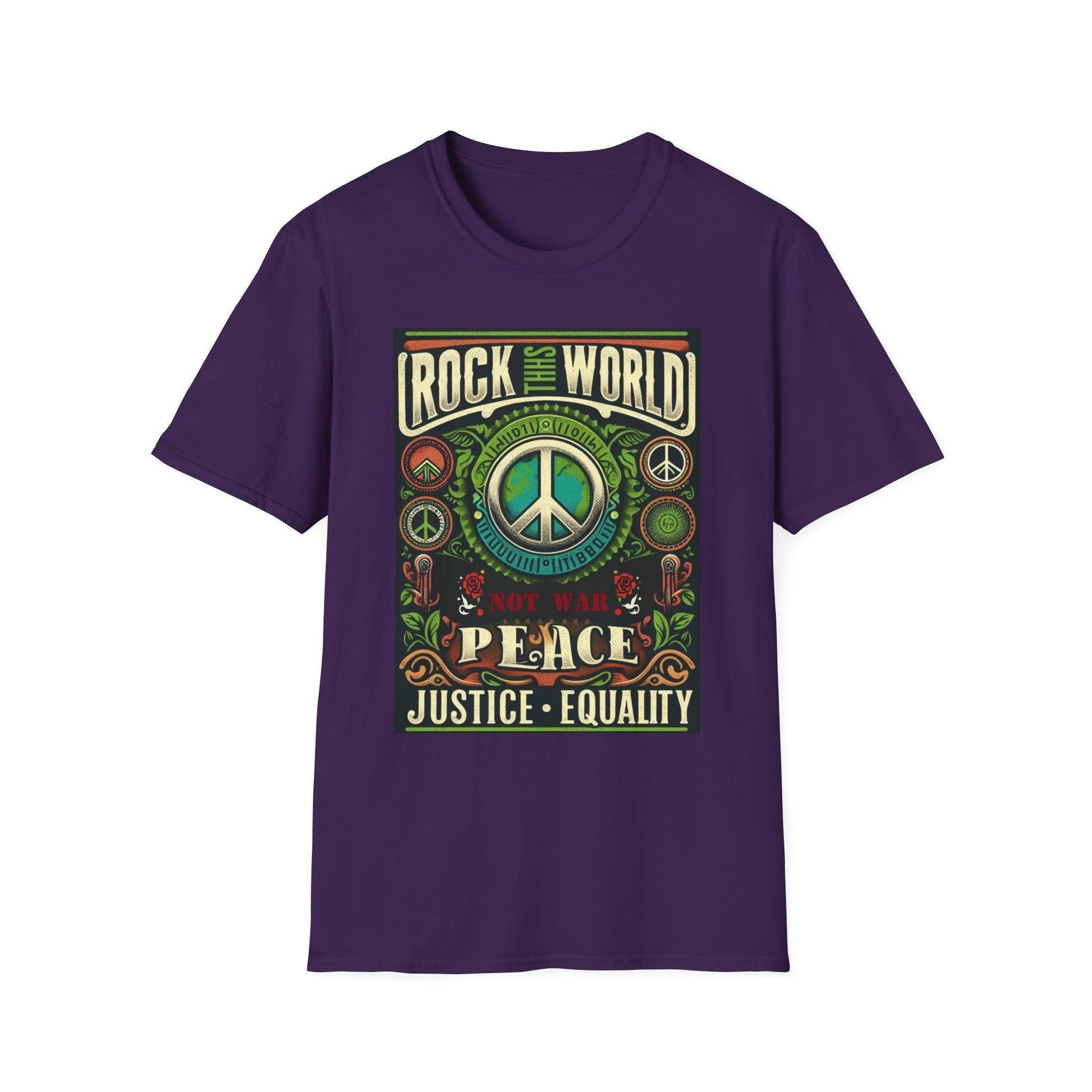 WR-B. Rock this World for Peace - Justice - Equality / Unisex - Graphic Tee Shirt - Global Warming Warrior Wear, "S.P.C." A Social Purpose Corporation  