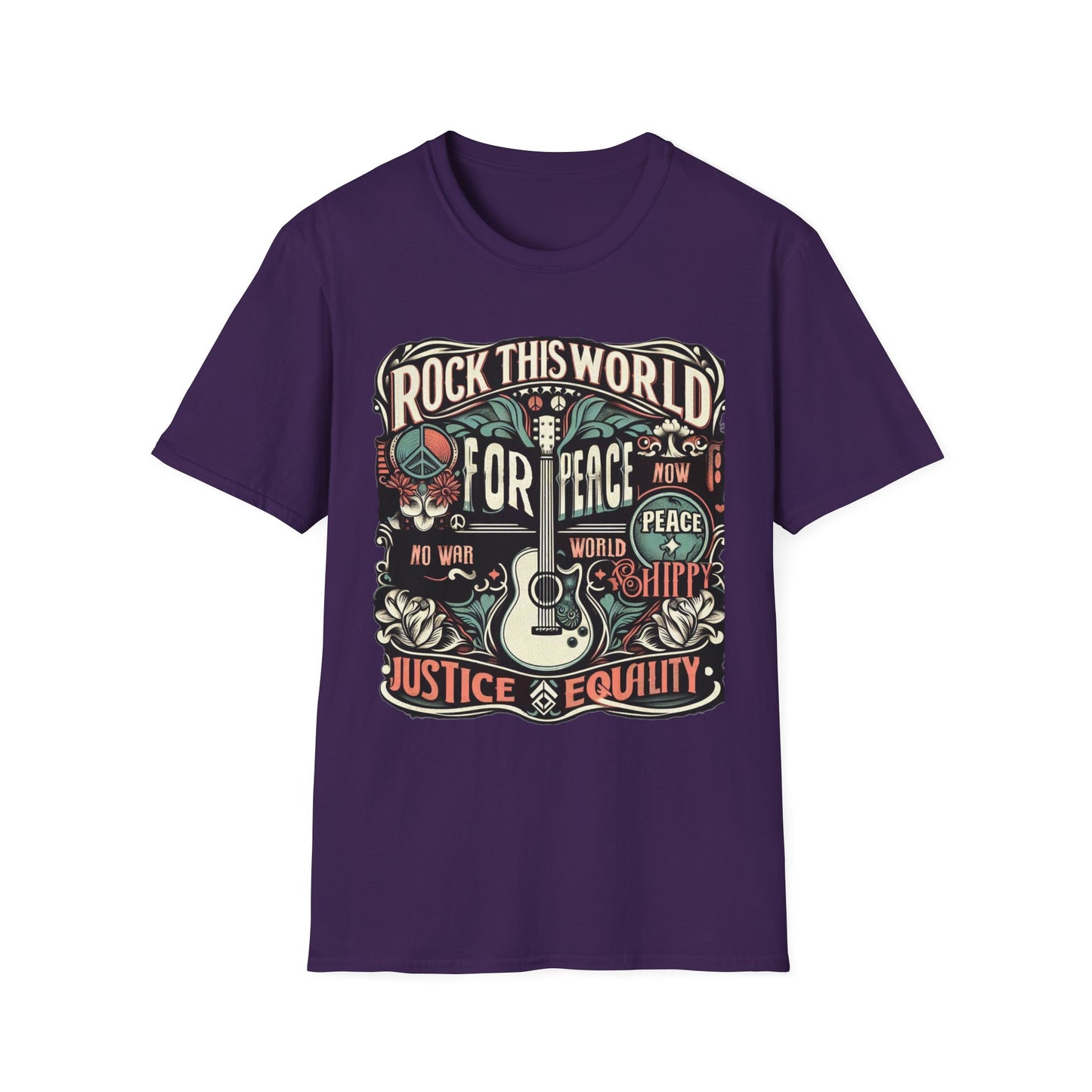 WR-C. Rock this World for - Peace - Justice - Equality / Unisex Graphic Tee Shirt - Global Warming Warrior Wear, "S.P.C." A Social Purpose Corporation  