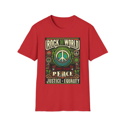 WR-B. Rock this World for Peace - Justice - Equality / Unisex - Graphic Tee Shirt - Global Warming Warrior Wear, "S.P.C." A Social Purpose Corporation  