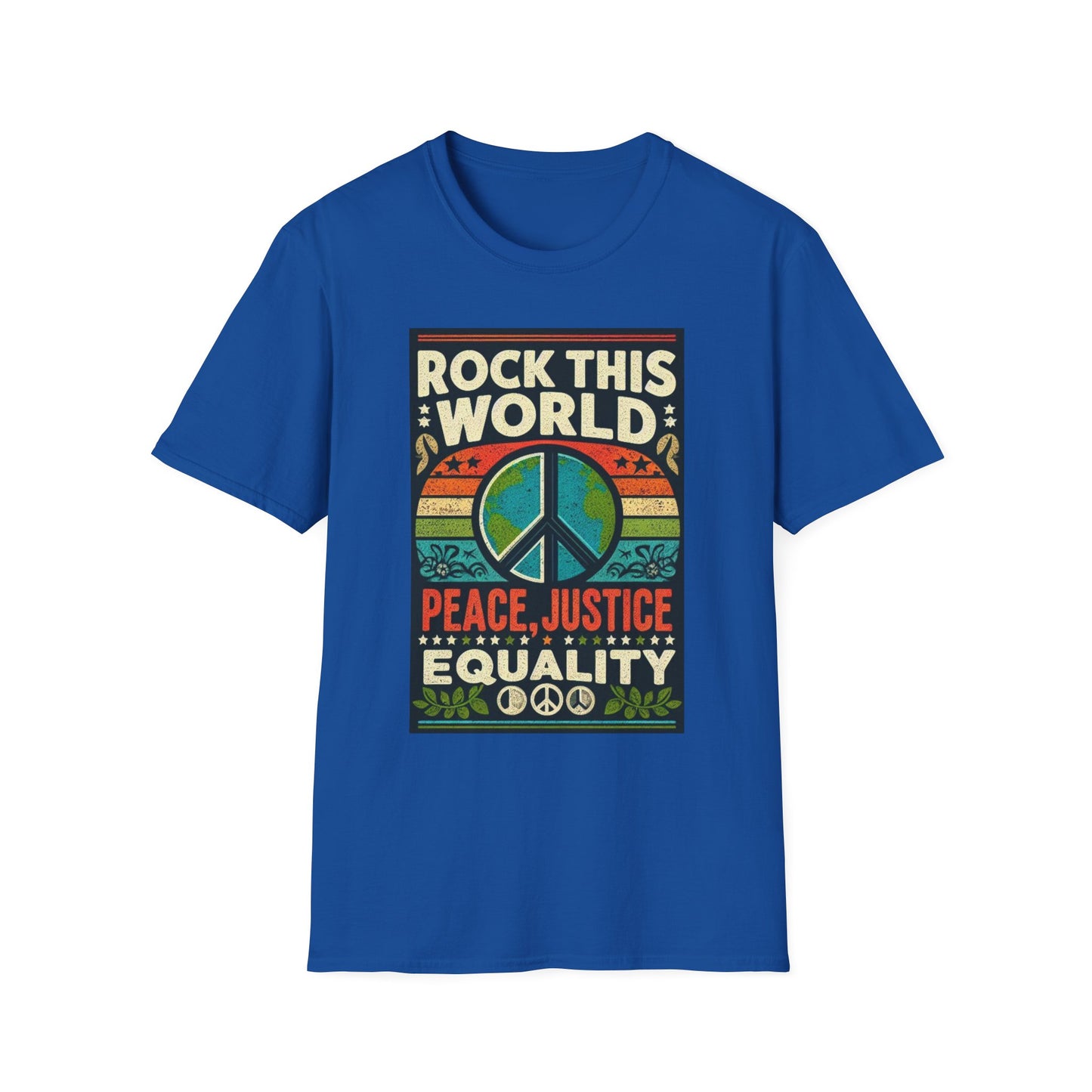 WR-A. Rock this World for Peace - Justice - Equality / Unisex - Graphic Tee Shirt - Global Warming Warrior Wear, "S.P.C." A Social Purpose Corporation  