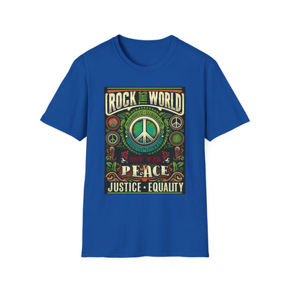 WR-B. Rock this World for Peace - Justice - Equality / Unisex - Graphic Tee Shirt - Global Warming Warrior Wear, "S.P.C." A Social Purpose Corporation  