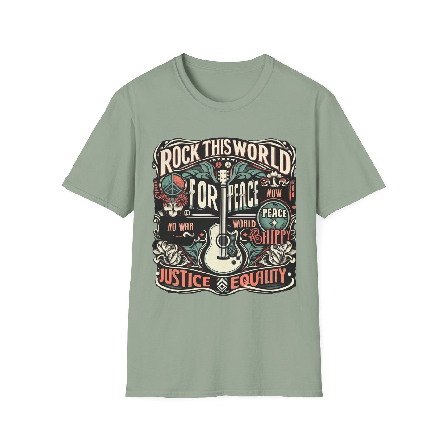 WR-C. Rock this World for - Peace - Justice - Equality / Unisex Graphic Tee Shirt - Global Warming Warrior Wear, "S.P.C." A Social Purpose Corporation  